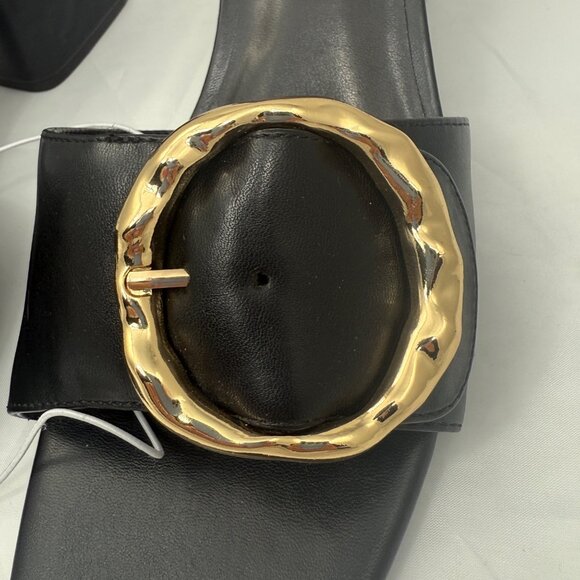 A New Day Womens Faux Leather Slides With Gold Buckle Black Sz 11 Block Heel - Picture 7 of 10